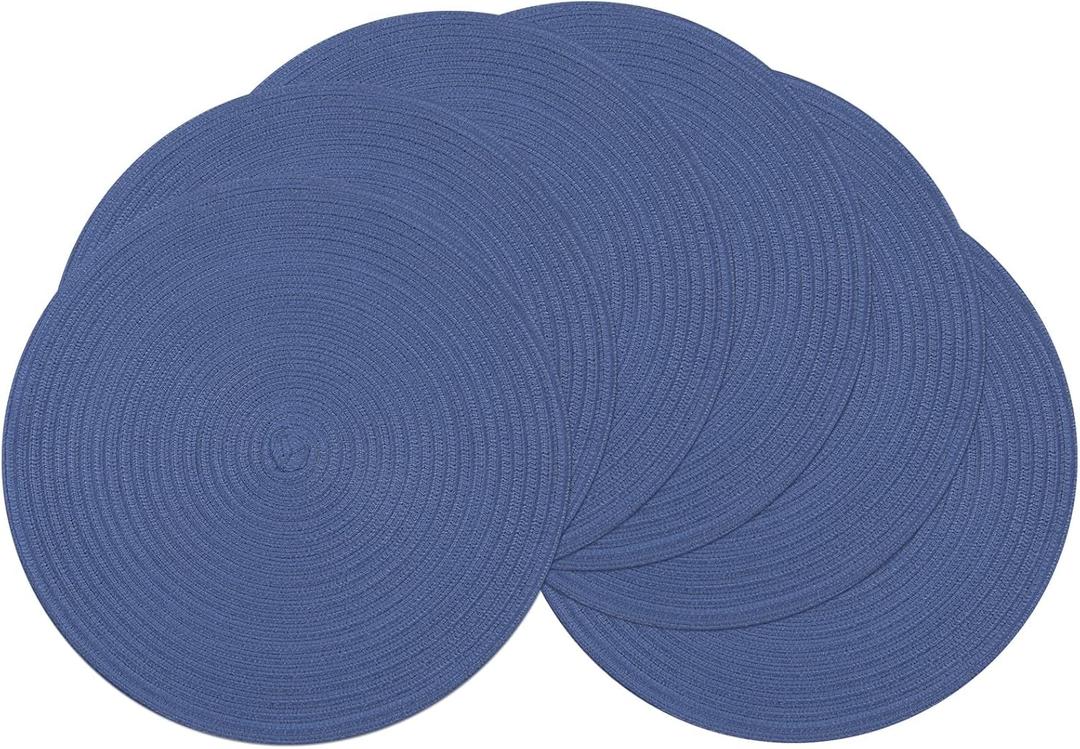 SHACOS Round Placemats Set of 6 Washable 15 inch Round Table Mats Cotton Polyester Woven Braided Place Mats for Dining Table (Sail Blue, 6)