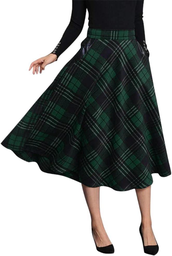 IDEALSANXUN Womens Plaid Wool Skirts Elastic Waist A-Line Pleated Tartan Long Skirts (Mid-calf Green)