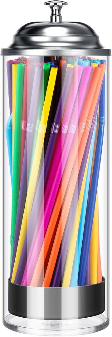 Patelai 10.6 Inch Plastic Straw Dispenser and 100 Pcs Drinking Straw Organizer Container with Stainless Steel Lid Transparent Drinking Holder (Clear, Neon,Classic)