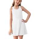 Haloumoning Girls Sleeveless Tennis Dress Kids Racerback Golf Dress School Sports Dresses Outfit with Shorts Pockets White Size 150