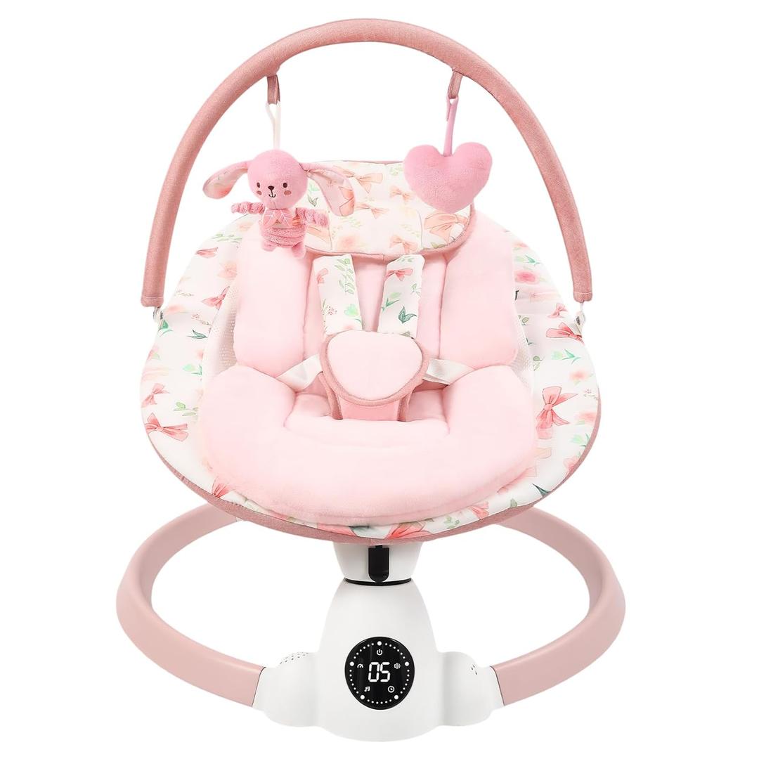Baby Swing for Infants with 5 Swing Speeds, Portable Electric Baby Swing with Bluetooth, Remote Control & Touch Panel, 5-Point Harness, Indoor & Outdoor Use, Pink