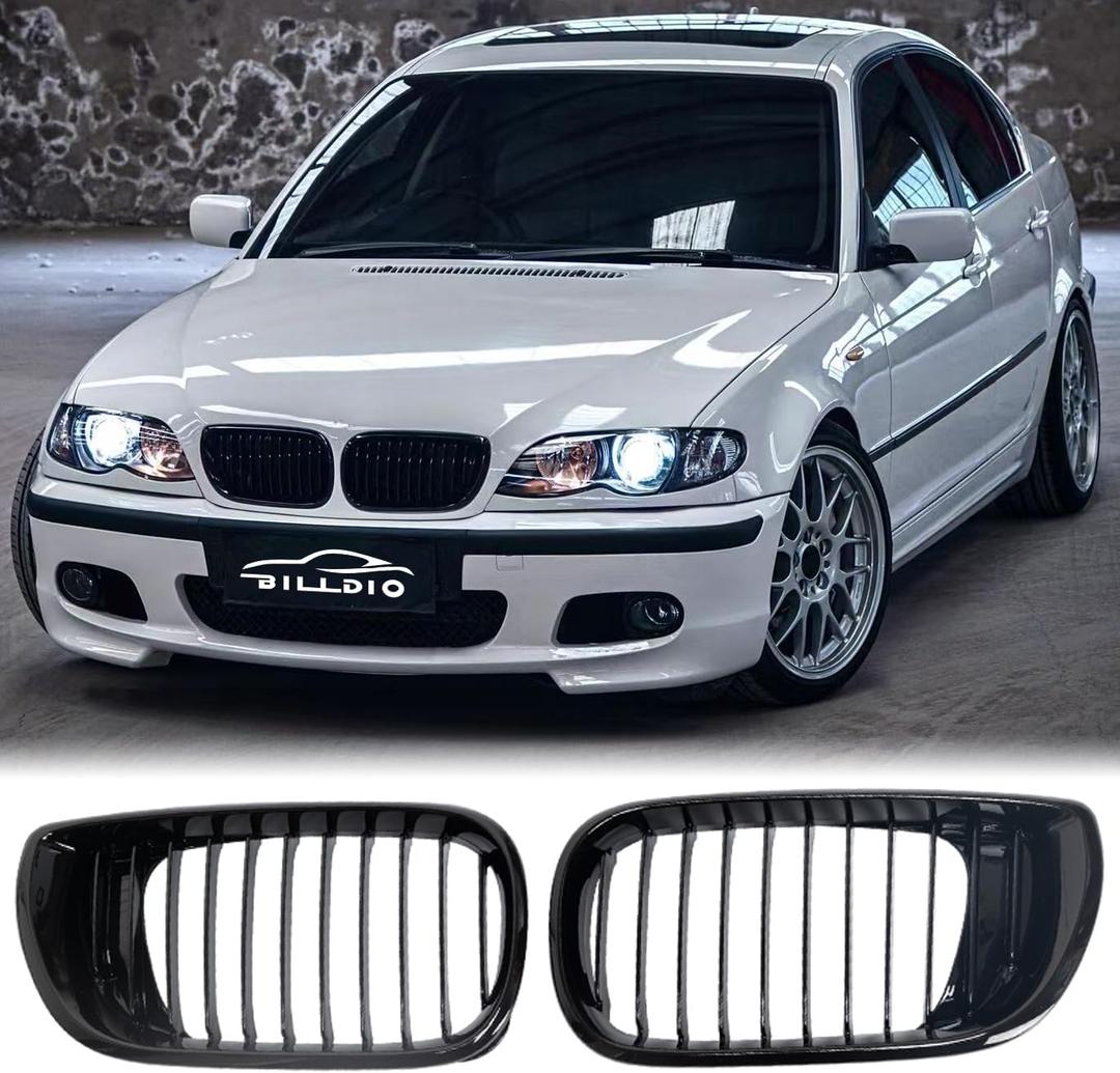 E46 Grille - Black Kidney Single slats Grill Compatible With 2002-2005 BMW 3 Series E46 4-Door 320i 325i 325xi 330i 330xi ABS Gloss Black Kidney Grill