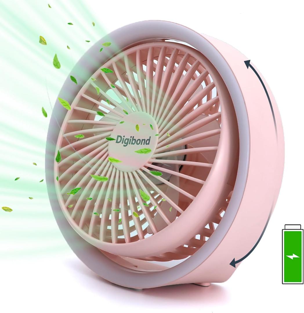 Digibond Pink Desk Fan, Small Quiet with Ambient Light/Hook Portable USB Fan 5.3in High Power 3000mAh Rechargeable Battery Operate 3 Speed 180° Rotated Easy Clean