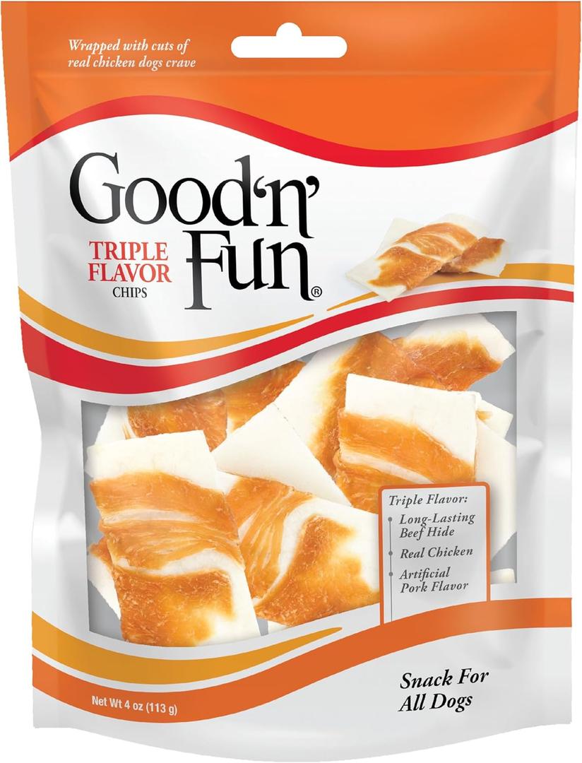 Good'n'Fun Triple Flavor Chips, Dog Chew Treats, Premium Chicken and Beef Hide Treats for Dogs, 4 oz (EXP 02/28/27)