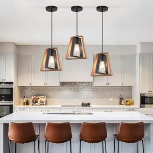 3 Pack Kitchen Island Pendant Lights, Black Industrial Metal and Vintage Wood Hanging Light, Mini Farmhouse Chandelier, Adjustable Height Rustic Ceiling Lamp for Entryway, Dining Room, Foyer (Brown Triangular Wood)