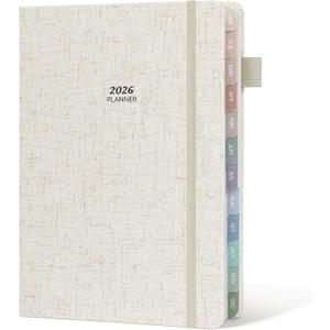 Getink 2026 Planner Weekly & Monthly Daily Agenda Book with Linen cover, 2026 To Do List Notebook with Colorful Monthly Tabs, Inner Pocket, Elastic Closure (Beige, 7.5"x10")