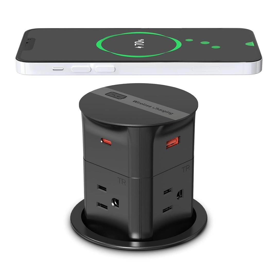 ANNQUAN 3.15" Pop Up Outlet with 15W Wireless Charger, Max 20W Power Delivery, 800J Surge Protection, 4 Tamper Resistant Outlets, 4 USB Ports ETL Listed (6ft Cord, Black)