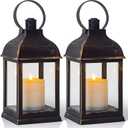Vintage Lantern Decorative LED Flickering Flameless Candle with Timer, Battery Powered LED Decorative Hanging Golden Brushed Black Lanterns for Indoor Outdoor Garden Yard Home Decor(2 Pack)