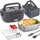 Electric Lunch Box Food Heater 3 in 1 Portable Warmer Leakproof Heated Box for Adults, 12V/24V 110V Heating Microwave for Car/Home with 1.5L Removable Stainless Steel Container (Gray)