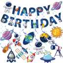 50 Pcs Outer Space Party Decorations Blue Astronaut Ship Happy Birthday Banner Solar System Theme Hanging Swirls Streamers for Birthday Outer Space Party Decorations