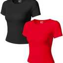 OQQ Women Short Sleeve 2 Piece T-Shirts Crew Neck Fitted Basic Tee 2025 Summer Crop Top Black Red, S