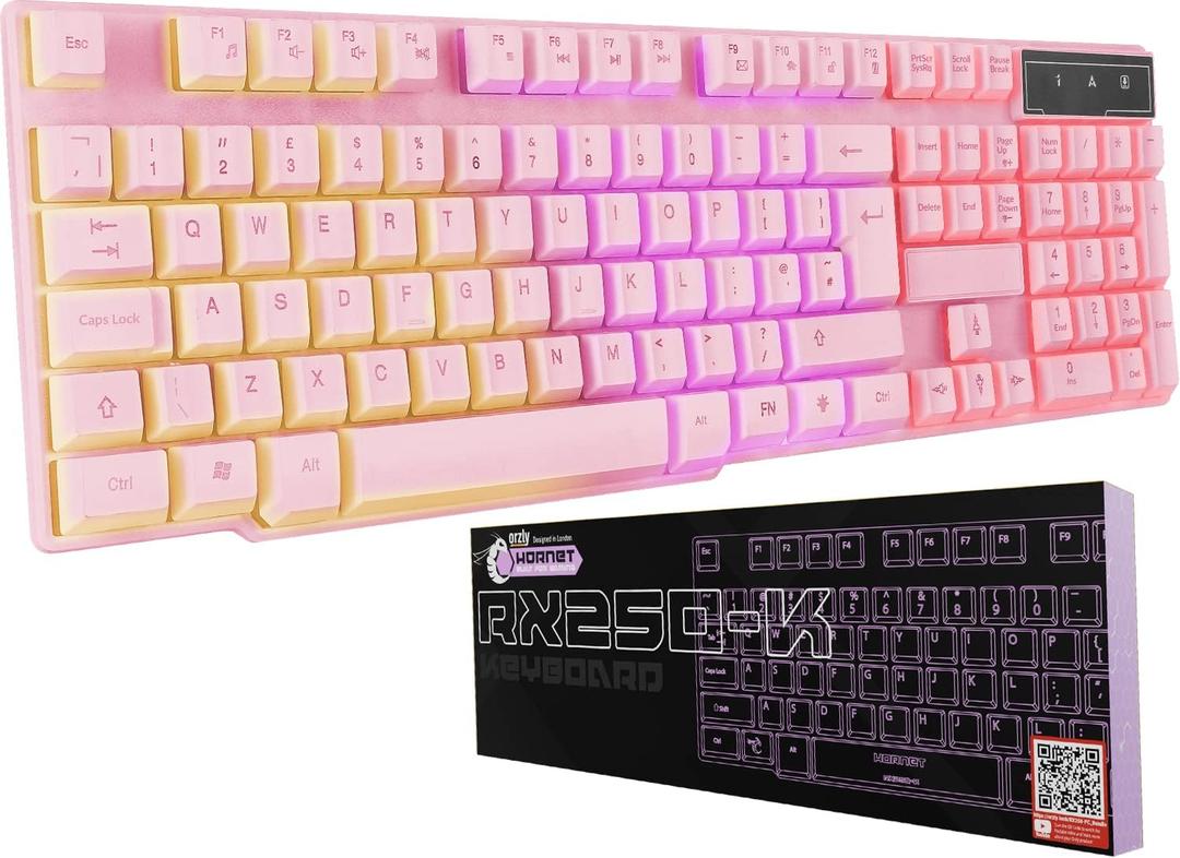 Orzly Pink Gaming Keyboard RGB USB Wired Rainbow Keyboard Designed for PC Gamers, PS4, PS5, Laptop, Xbox, Nintendo Switch, RX250 Hornet Edition