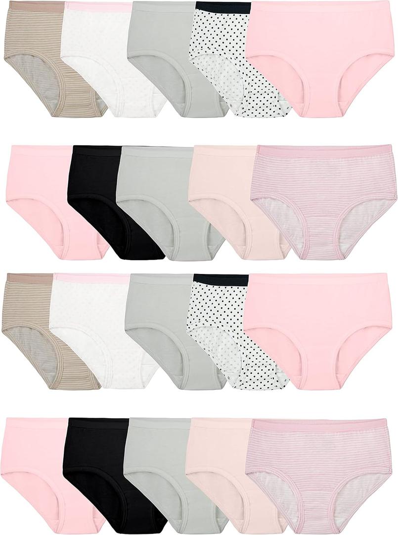 Fruit of the Loom Girls' Cotton Brief Underwear, Multipack (10, Brief - 20 Pack - Black/Pink/Grey)