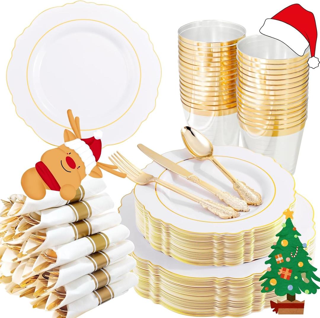 Liacere 350PCS Gold Plastic Plates-Disposable White and Gold Plates 50guest Baroque Plastic Dinnerware include 100Plates, 50Pack Pre Rolled Napkins with Silverware 50Cups for Wedding&Christmas