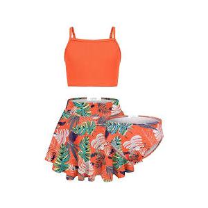 Girls Swimsuit 3-Pieces Swimwear Ruffle Strap Tankini Tops Floral Bottoms Set Beach Bathing Suit for Girls, Size 150