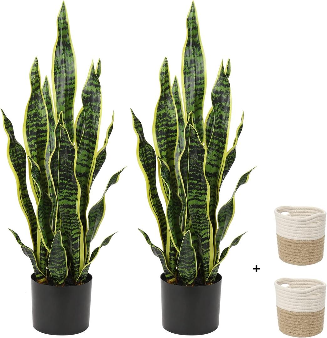 2 Set Large Fake Snake Plant 25 Inch Sansevieria Plant Artificial Snake Plants in Pots with Woven Basket Faux Mother In Law Tongue Plant - 17 Leaves Fake Laurentii for Indoor Outdoor Home Office Decor