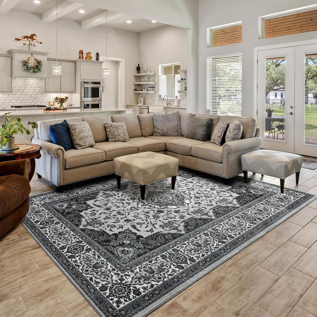 Rtizon Area Rugs for Living Room 4x6 Boho Rug with Non-Slip Backing Machine Washable Carpet Low Pile Room Rug for Bedroom Home Office Kids Room Playroom Nursery Kitchen Classroom, Grey