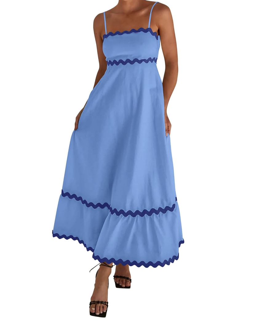 dowerme Women Summer Dresses 2025 Spaghetti Straps Sleeveless Smocked Rickrack Trim Boho Flowy Loose A-Line Midi Dress L
