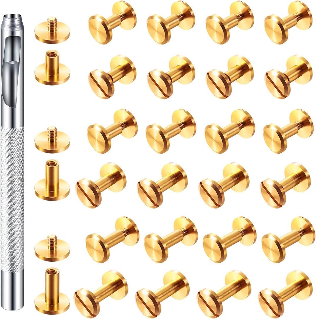 Hotop 60 Pairs Gold Chicago Screws Brass Chicago Screws Solid Rivets for Belts Binding Stud Tools Leather Fasteners Rivets Belt Strap with Hole Punch Tool for DIY Jean(Gold,Mixed Size)