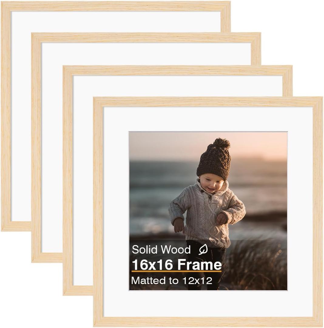 KINLINK 16x16 Picture Frame, White Oak Square Solid Wood Frames for Pictures 12x12 with Mat or 16x16 without Mat, Wall Display Photo Frames White Oak 4 Pack