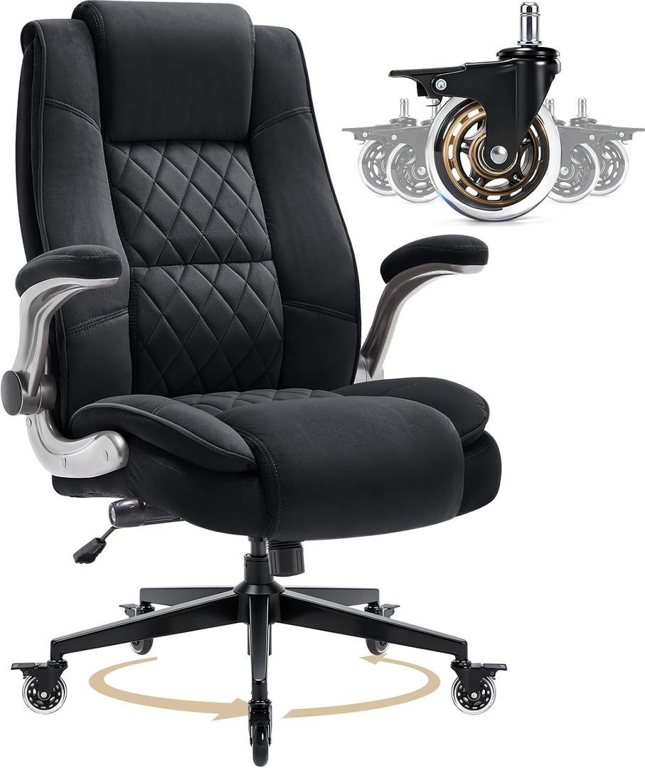 Fabric High Back Office Chair, Thick Padded Ergonomic Computer Desk Chair | Lockable Quiet Casters, Adjustable Lumbar Support & Flip-Up Arms, 400LBS Capacity, Wide Executive Chair for Back Pain, Large