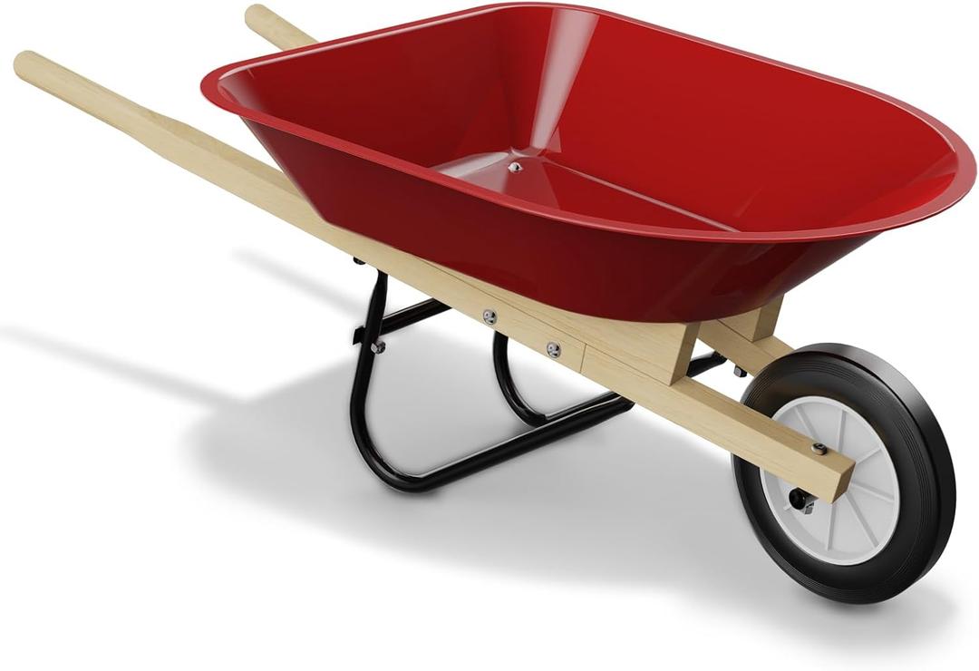 Kids Wheelbarrow Set with Gardening Tools Outdoor Backyard Garden Play for Toddlers Boys Girls 3-8, with Shovel, Rake, Leaf Rake, Easter Birthday Gifts (Wheelbarrow Red Color)