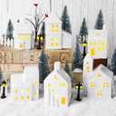 Fovths 37 Pieces Porcelain Christmas Village Sets 6 Lighted Ceramic Houses with Remote Control LED Tealights, 14 Trees, Fences, Street Lamps Winter Village Accessories for Xmas Tabletop Decor