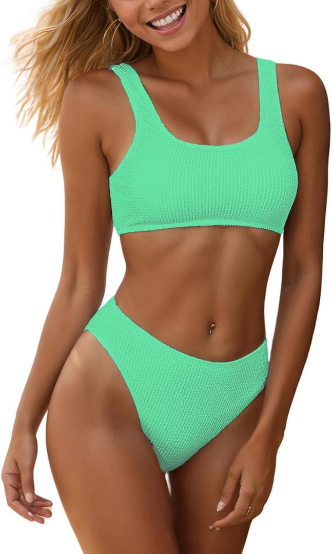 YIMISAN Women's Ribbed Two Piece Bikini Sets Wide Shoulder Strap Top Swimsuit with Mid Waist Cheeky Bathing Suit (Medium, Lake Green)