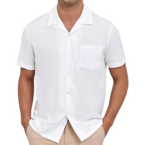 5 x Men's Short Sleeve Button Down Shirt Cuban Collar Anti-Wrinkle Shirt Casual Summer Beach Shirt (White, XL)