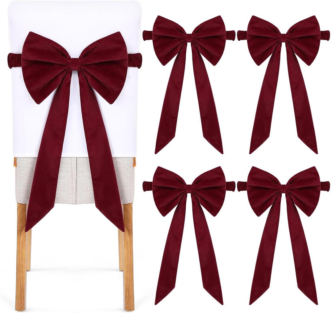 Newwiee Set of 4 Christmas Burgundy Velvet Chair Sashes, Sashes Chair Bows Tie Back for Christmas Banquet Home Wedding Events Banquets Party Decoration 11.8 x 29.5 Inch