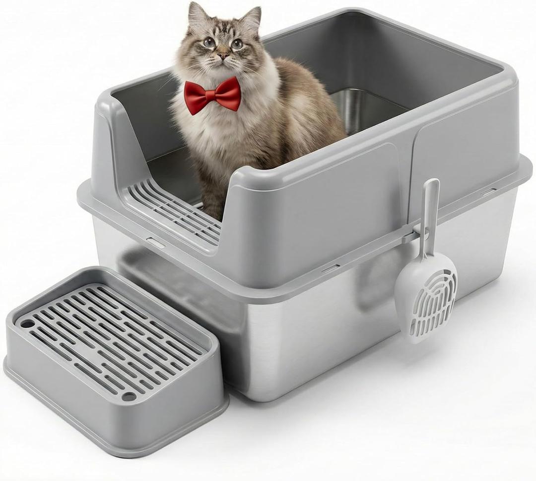 Stainless Steel Litter Box Extra Large Enclosed Cat Metal Litter Box with Lid for Big Cats High Sided Anti-Urine Leakage Non-Stick Bottom & Includes Pedal & Metal Scoop with Liner Gray