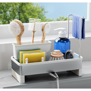 Laveshop Sponge Holder for Kitchen Sink, Rustproof Stainless Steel Sink Caddy with AutoDrain, Removable Brush Holders, Soap and Dishcloth Organizer, White