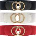 Swtddy 3 Pack Womens Vintage Wide Elastic Stretch Waist Belt For Dresses (Golden O Design Black+white+red)