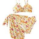 RoseSeek Girl's 3 Piece Bikini Set Floral Leopard O-Ring Swimsuit Beachwear (Yellow)