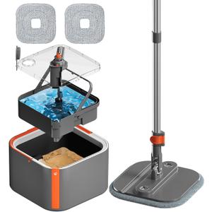 KZKR Upgraded Spin Mop and Bucket Set, Separate Clean and Dirty Water System, 360 Foldable Square Mop Bucket Head with Washable Microfiber Mop Pad, Detachable Bucket for Home Floor Cleaning (2.0 Mop Bucket Set with 2 Pads)