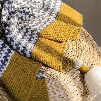 Grey Striped Throw Blanket with Tassels, Knitted Soft Boho Blanket for Couch, Sofa, Bed & Living Room - All Seasons (47.5x60 Inch)