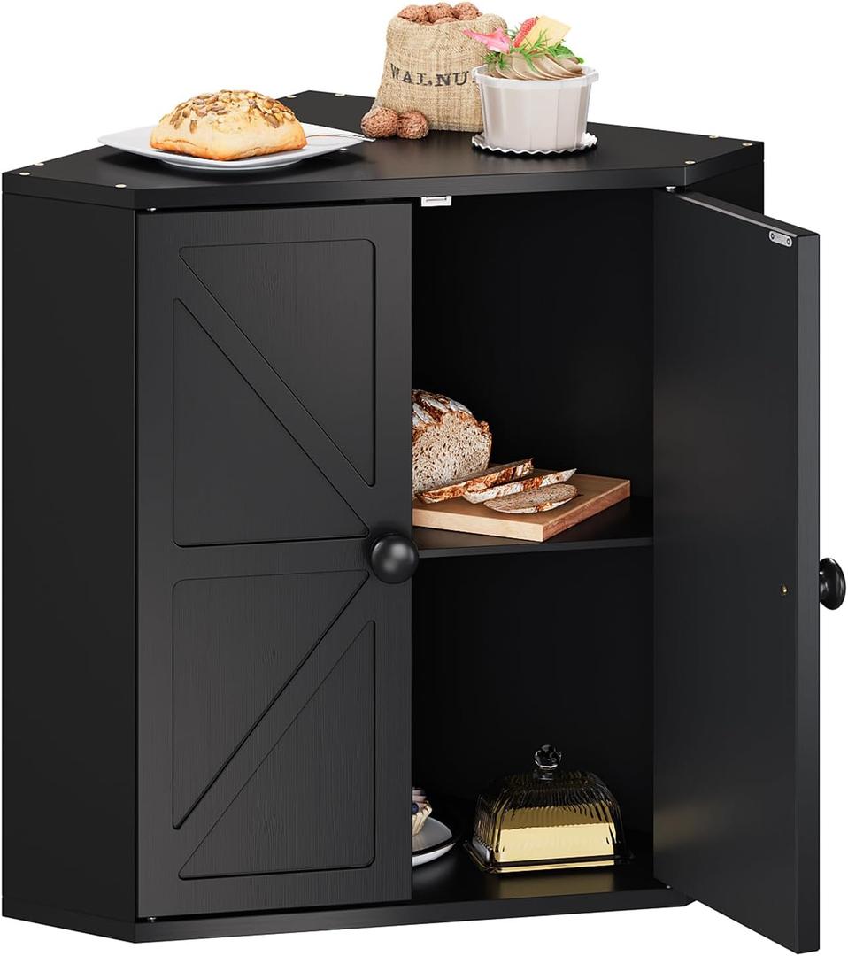 Trironsun Corner Bread Box for Kitchen Counter Double Layer Bamboo Bread Storage Container Large Capacity Bread Storage Bin Farmhouse Breadbox Organizer (Black)