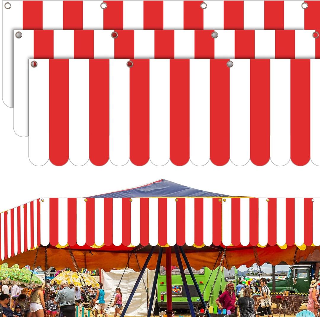 Preboun 3 Pcs Carnival Awning Decorations Tent Circus Hanging Decorations Carnival Banner Concession Stand Sign Canopy Awning for Pirate Summer Party, 9.84''x78.74''(Red and White)