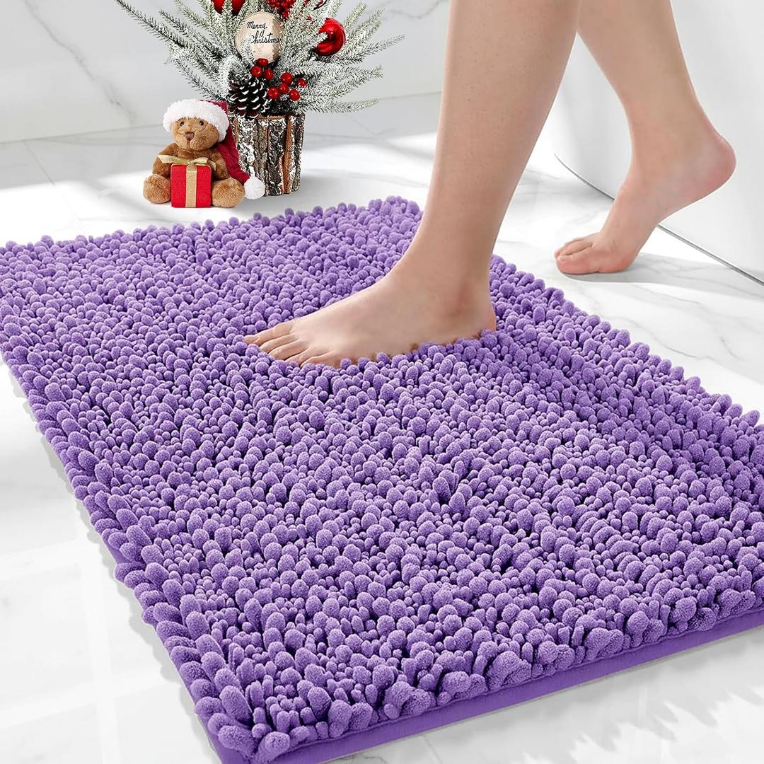 Bathroom Rugs Non Slip Washable 32x20, Extra Thick Soft Chenille Absorbent Bath Mat, High Density Barrier Non Slip Backing, Quick Dry Plush Shaggy Floor Carpet for Tub&Shower, Purple