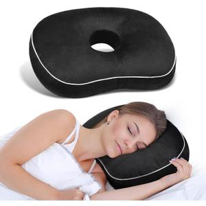 Ear Piercing Pillow for Side Sleepers with an Ear Hole for CNH and Ear Pain Ear Inflammation Pressure Sores, Cotton and Polyester Adjustable Filling Washable and Adjustable Ear Guard Pillow, Black 