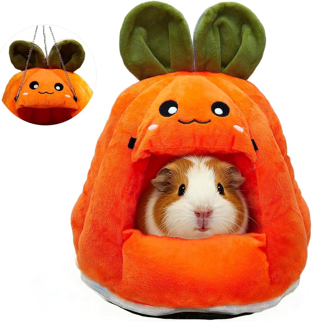 Guinea Pig Hideout, Cute Carrot Shape Bunny Bed with Warm Fleece Washable Hamster Bed Rat Cage Accessories Small Animal Houses for Dwarf Rabbit Chinchilla Hedgehog (M) (M-10.24 * 10.24 * 9.84 inches)