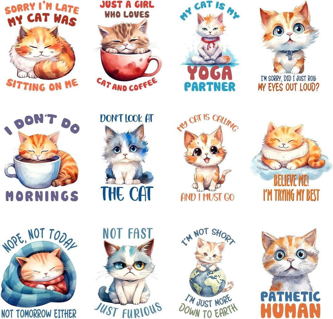12pcs Cat Kittens Iron On Heat Transfer Stickers Ready to Press Vinyl Decal Patches for Jeans T-Shirt Jackets Backpacks Pillows DIY Appliques Decor