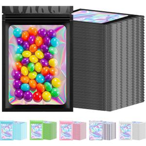 300 Pcs Holographic Mylar Bags Bulk, Smell Proof Resealable Bags with Clear Window, Foil Pouch for Small Business and Food Storage (Black, 4.7x7.9 Inch)