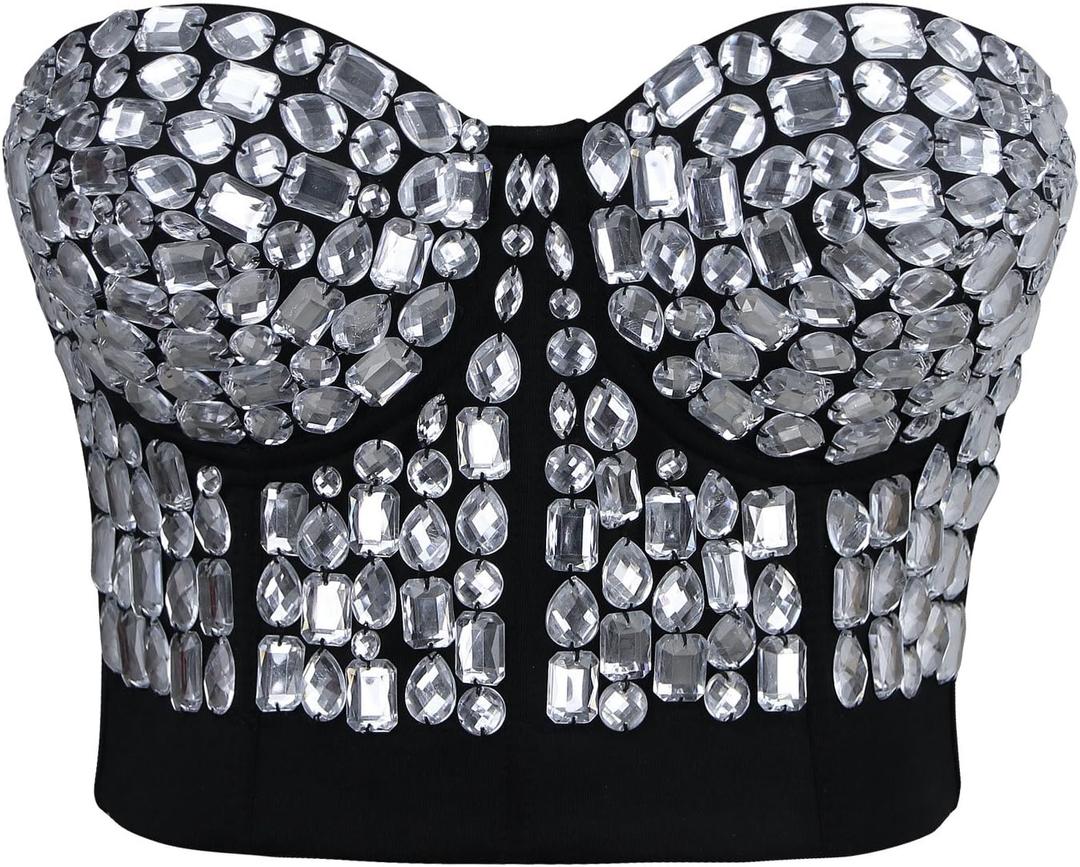 Charmian Women's Punk Rhinestone Push Up Bra Clubwear Party Bustier Crop Top (Large)