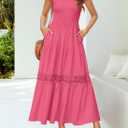 ZESICA Womens Summer Flutter Sleeve Smocked Lace Midi Dress | Casual Flutter Short Sleeve Dress, Boho Long Dress, Smocked High Waist Dress, Flowy A Line Dresses, Beach, Vacation, Party (Pink, S)