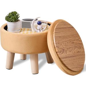 Wimarsbon Velvet Storage Ottoman Round Footrest Stool Upholstered Footrest Footstool with Storage Wood Legs Coffee Table Shoe Changing Stool for Living Room Bedroom Entryway (Pumpkin Yellow)