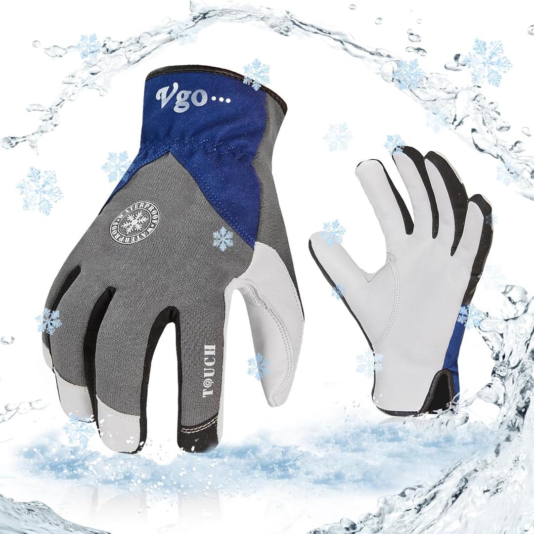 Vgo... 1-Pair Winter Warm Work Gloves Men Women 0/32 or Above Goatskin Leather Waterproof Coldproof Freezer Gloves (Size L, Grey, GA8977FW)