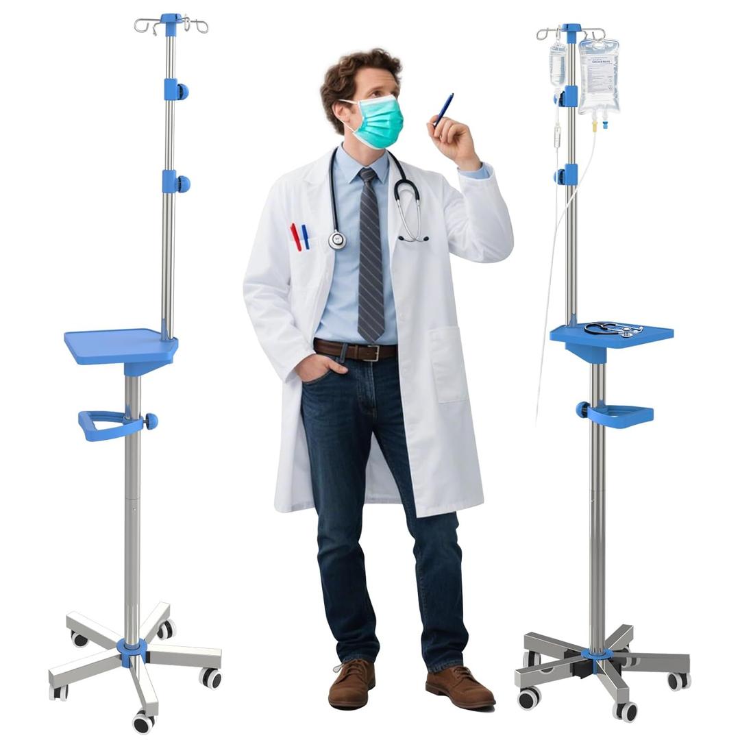 IV Pole with Wheels Medical Portable IV Stand with 4 Hooks and Tray, 52.3 to 70.8 Height Adjustable, IV Pole Stand for Hospital, Home and Outdoor Use