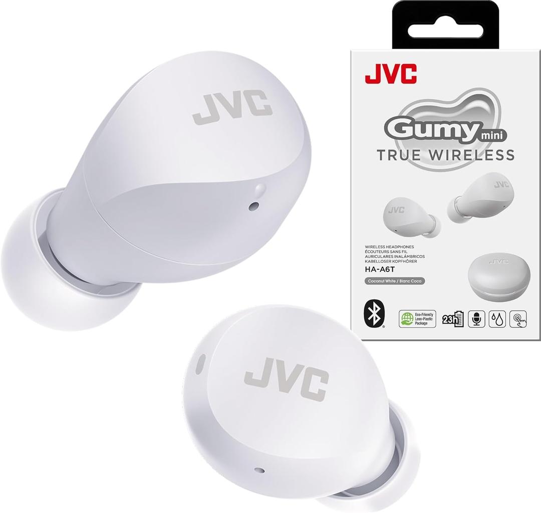 JVC Compact and Lightweight Gumy Mini True Wireless Earbuds Headphones, Long Battery Life (up to 23 Hours), Sound with Neodymium Magnet Driver, Water Resistance (IPX4) - HAA6TB (Black)