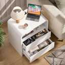 Modern Night Stand with Charging Station, 25" Tall Wood Nightstand Bedside Table with 2 Drawers & USB Ports, Mid-Century End Table for Bedroom (1, White Smooth, 2 Drawers)